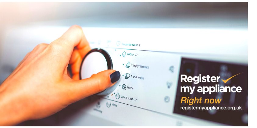 Register my appliance poster. Hand turning washing machine dial.